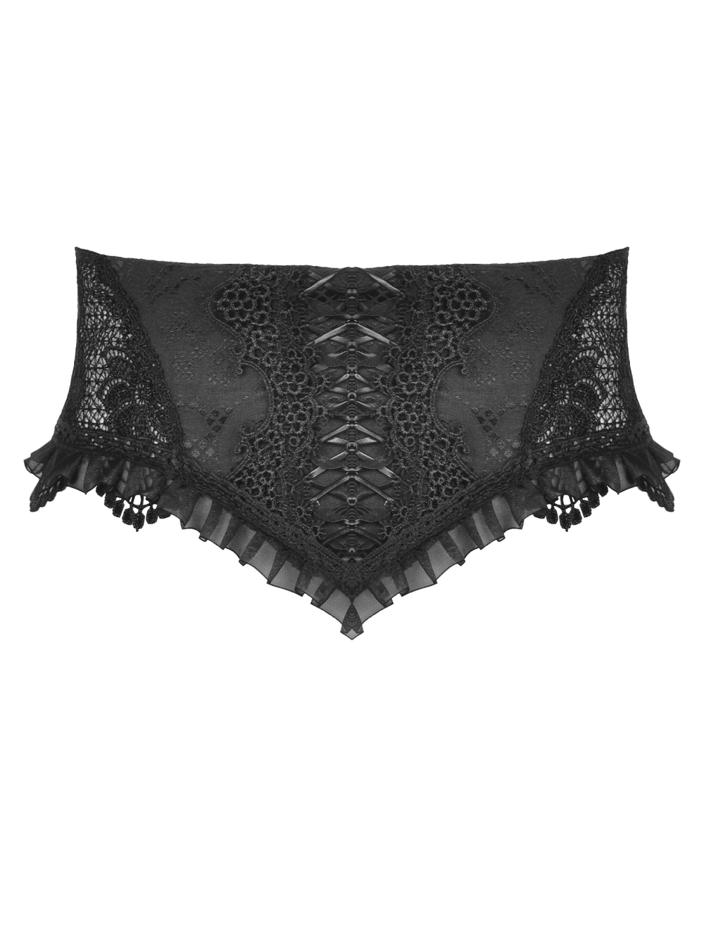 Gothic black lace corset belt with ribbon lacing and ruffle trim, perfect for Victorian and steampunk outfits.