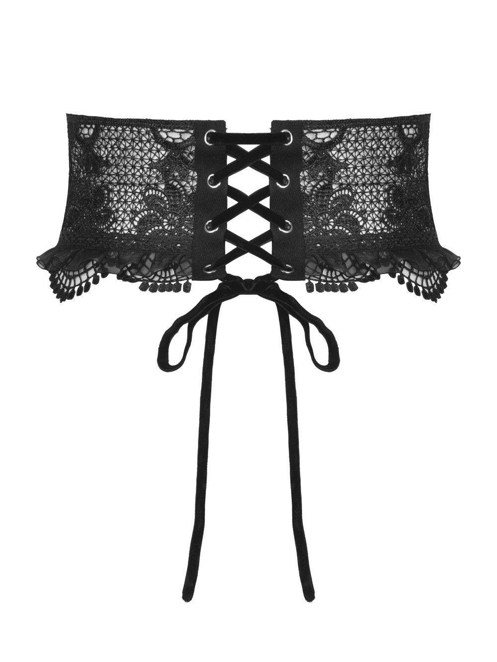 Gothic black lace corset belt with ribbon lacing and ruffled mesh trim for waist definition and dramatic flair.