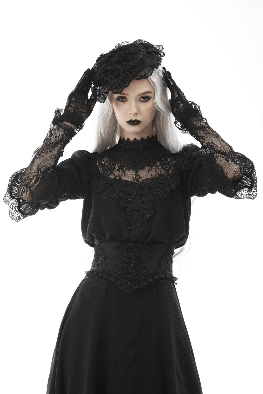Gothic black lace corset belt paired with Victorian outfit, featuring lace gloves, ruffled trim, and dramatic accessories.