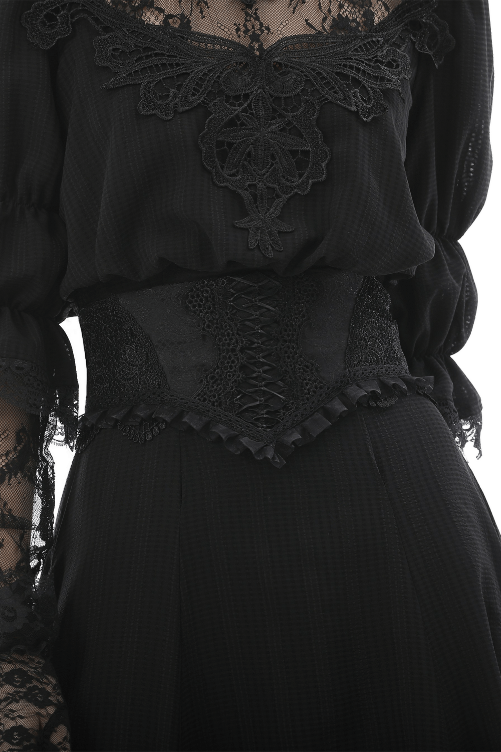 Gothic black lace corset belt with ruffle trim and satin ribbon lacing, perfect for Victorian or steampunk outfits.