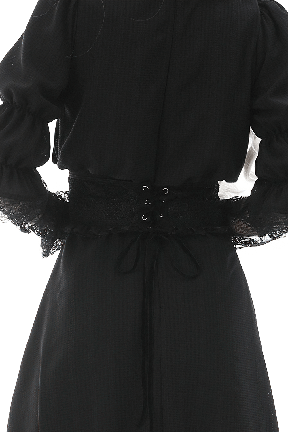 Gothic black lace corset belt with ribbon lacing, adding dramatic flair to a Victorian-style outfit.