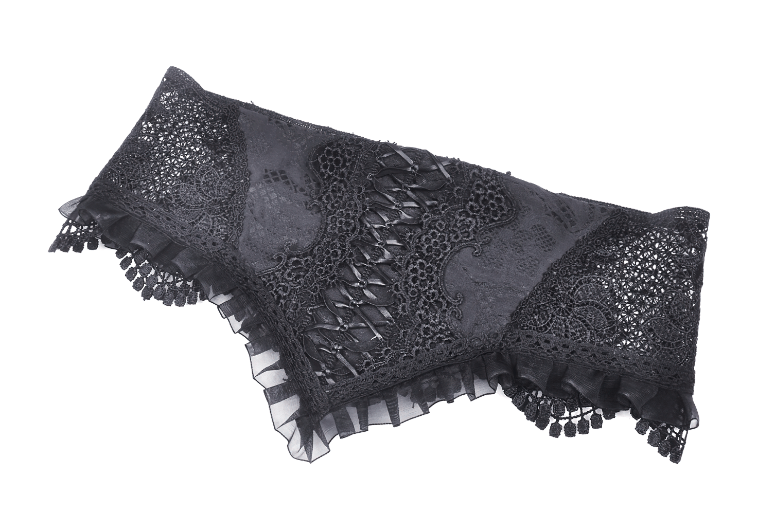 Gothic black lace corset belt with ribbon lacing and ruffle mesh trim for a dramatic waist-cinching look.