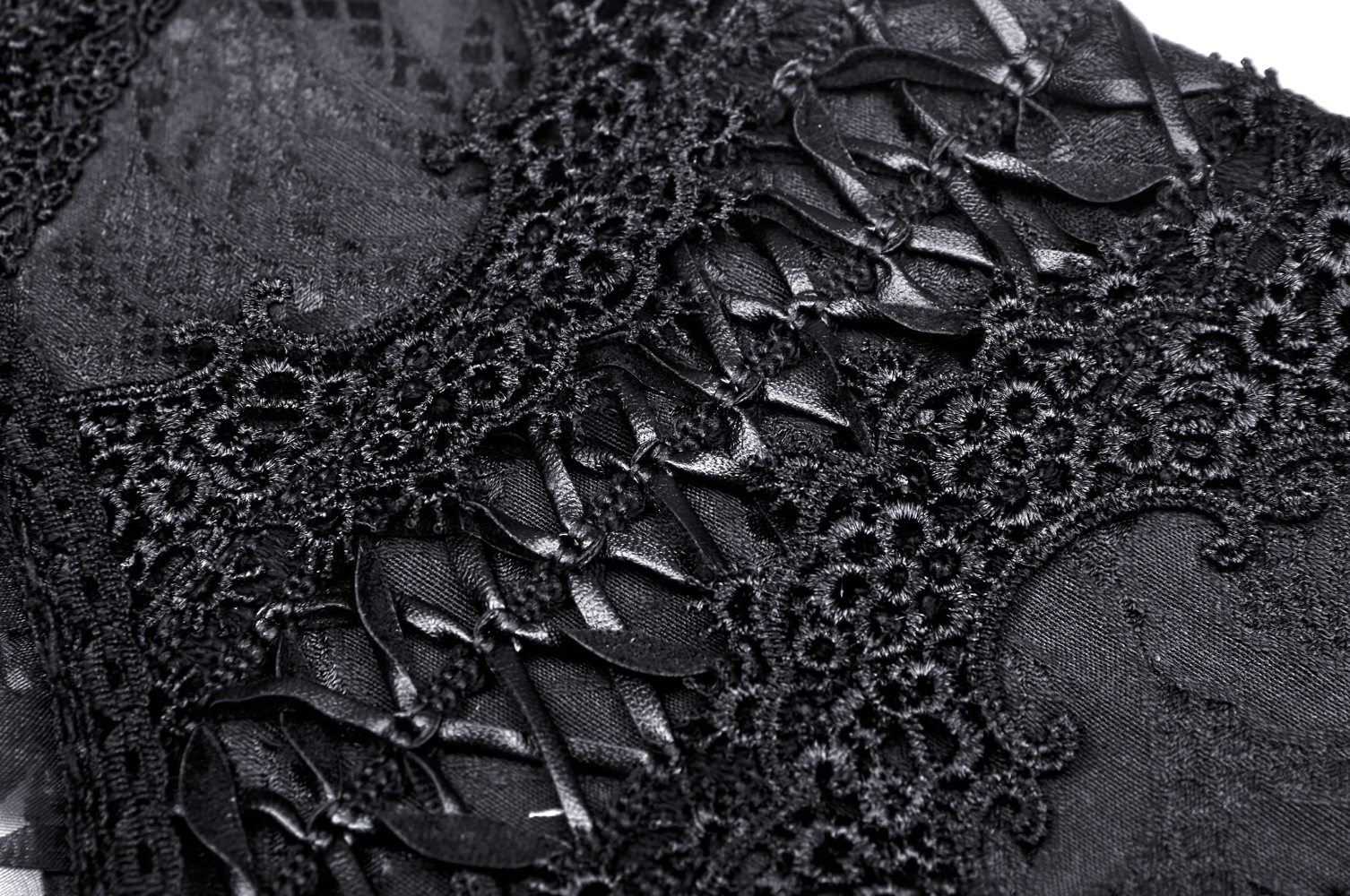 Gothic black lace corset belt detail showcasing floral mesh panels and satin ribbon lacing.