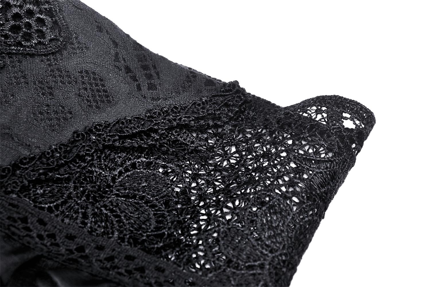 Close-up of gothic black lace detailing on a corset belt, showcasing intricate patterns and ruffled trim.