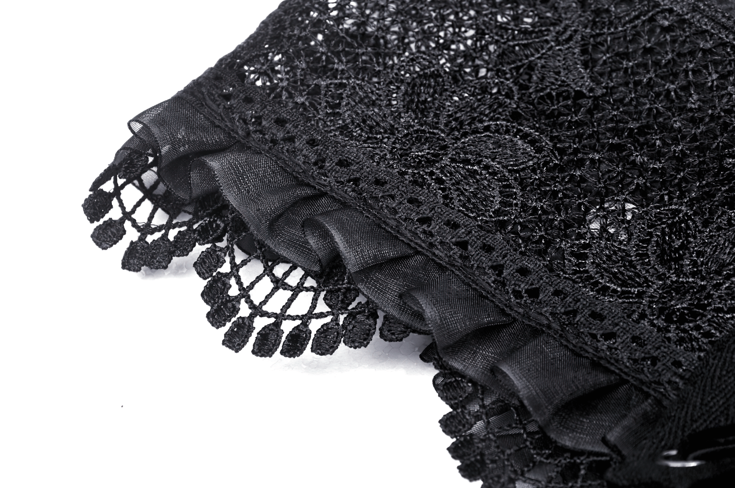 Gothic black lace corset belt featuring floral mesh panels and ruffled trim for a dramatic silhouette.