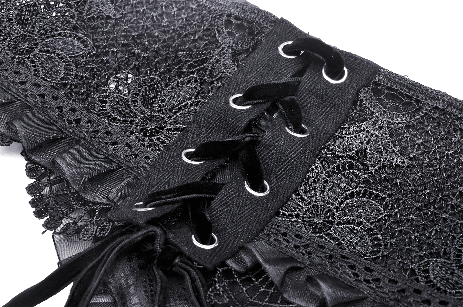 Gothic black lace corset belt with ribbon lacing and ruffle mesh trim for dramatic waist definition.