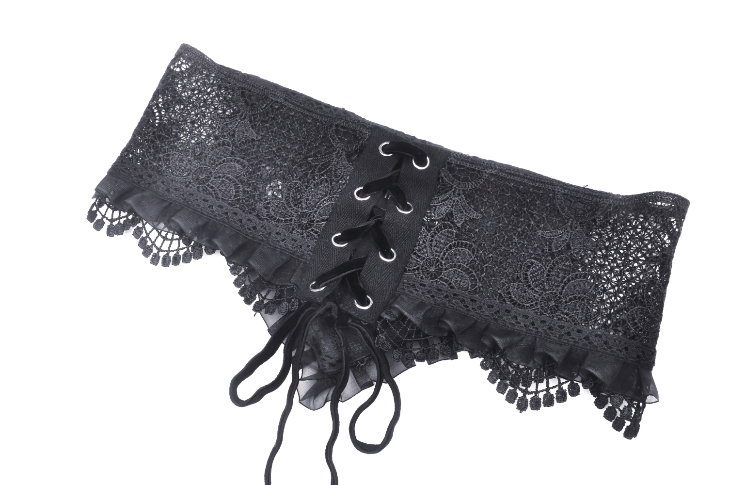 Gothic black lace corset belt with floral mesh, ruffled trim, and satin ribbon lacing for a dramatic silhouette.