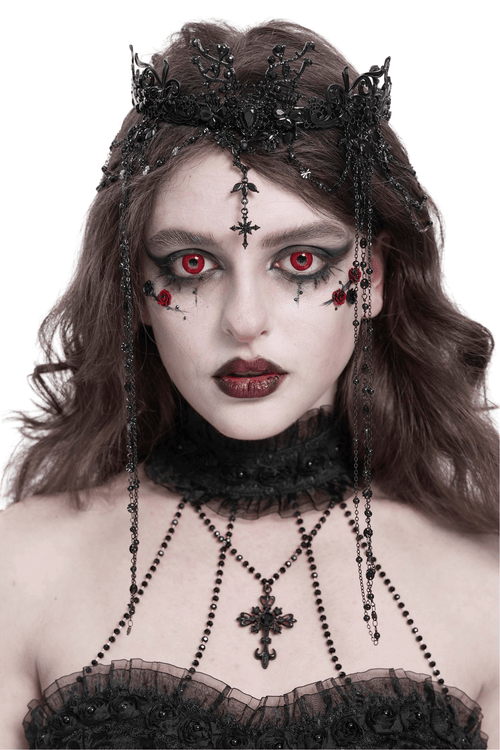 Couronne gothique en dentelle noire avec chaînes perlées et détails de croix