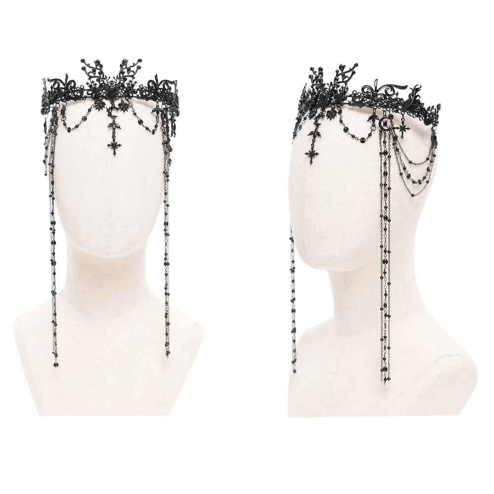 Gothic black lace crown with beaded chains and cross details, perfect for dramatic and mysterious looks.