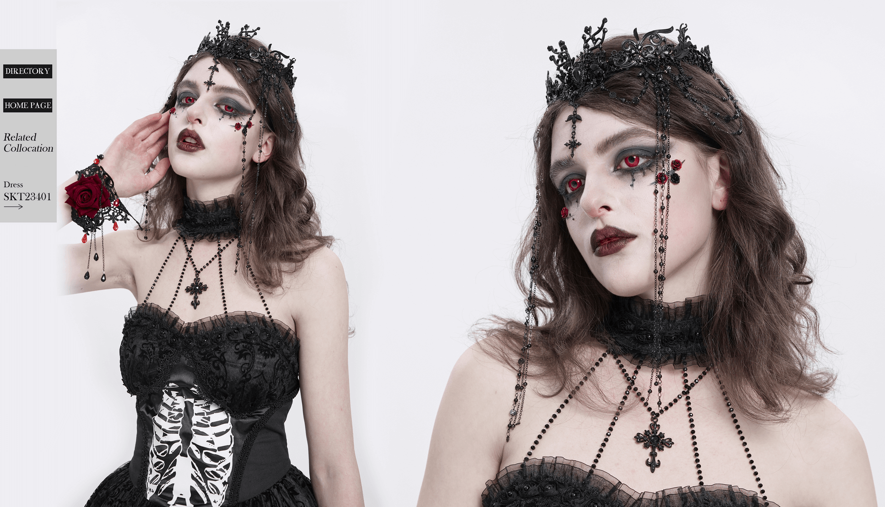 Gothic black lace crown with chains and cross details worn by model, showcasing dark elegance and dramatic style.