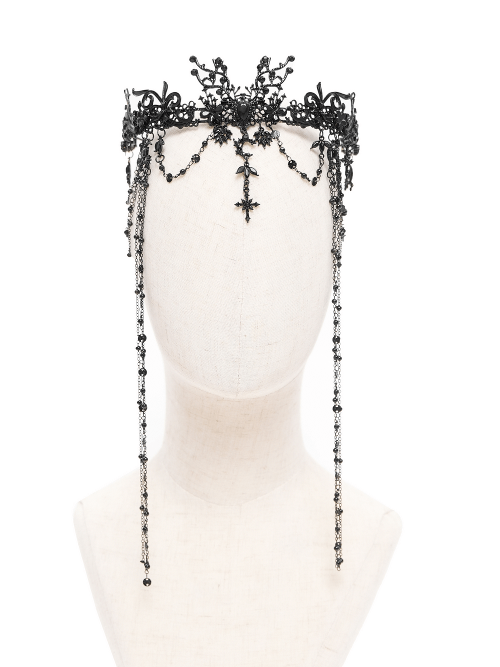 Gothic black lace crown with beaded chains and cross details, perfect for dramatic looks.