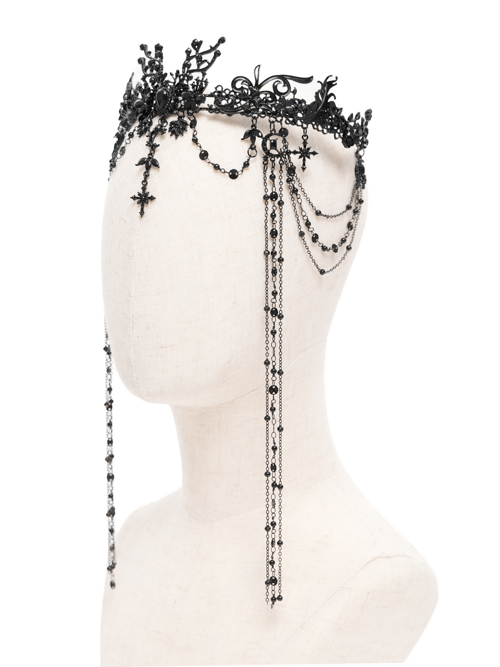 Gothic black lace crown with beaded chains and cross details for a dramatic headpiece look.