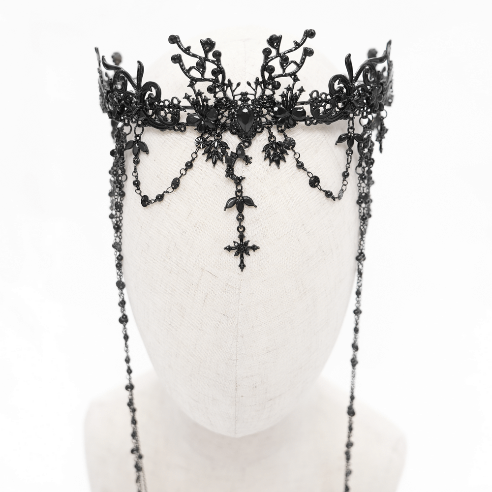Gothic black lace crown with chains and cross details, creating a dramatic headpiece for dark-themed events.
