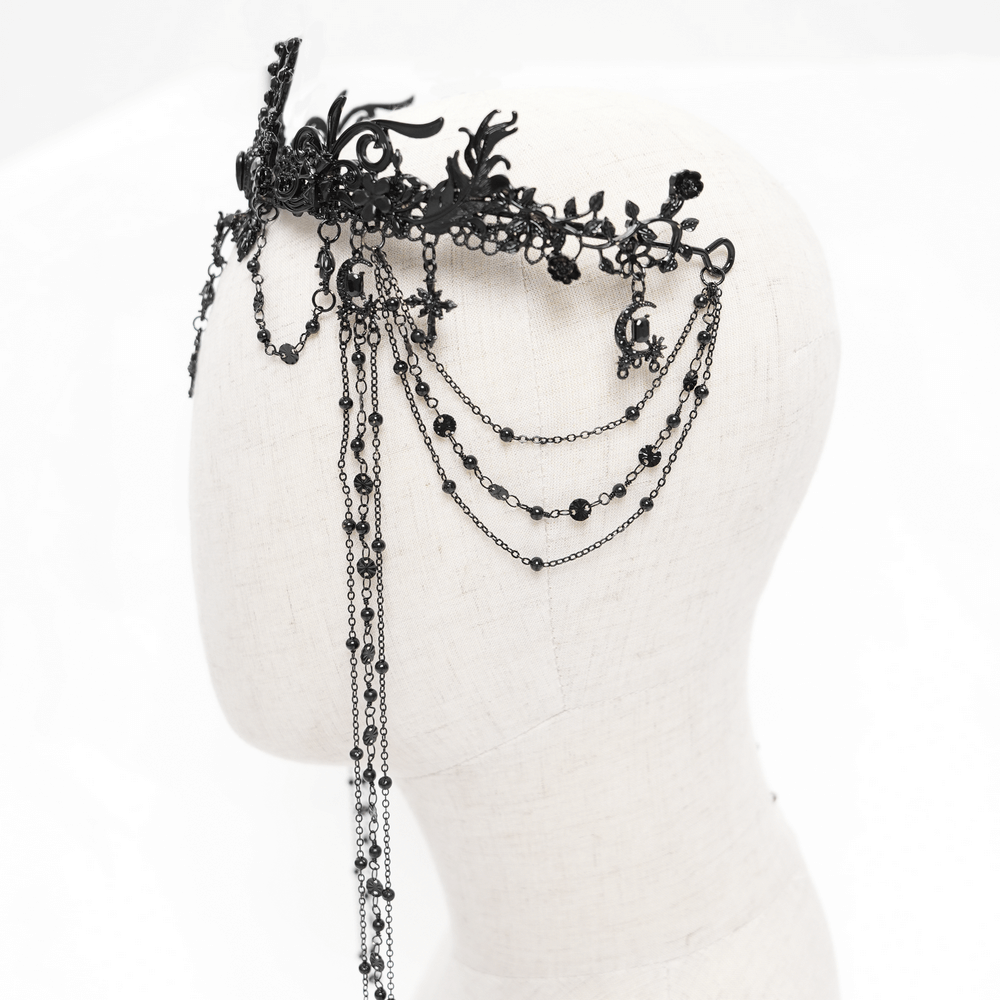 Gothic black lace crown with beaded chains and cross details, perfect for dark, dramatic looks.
