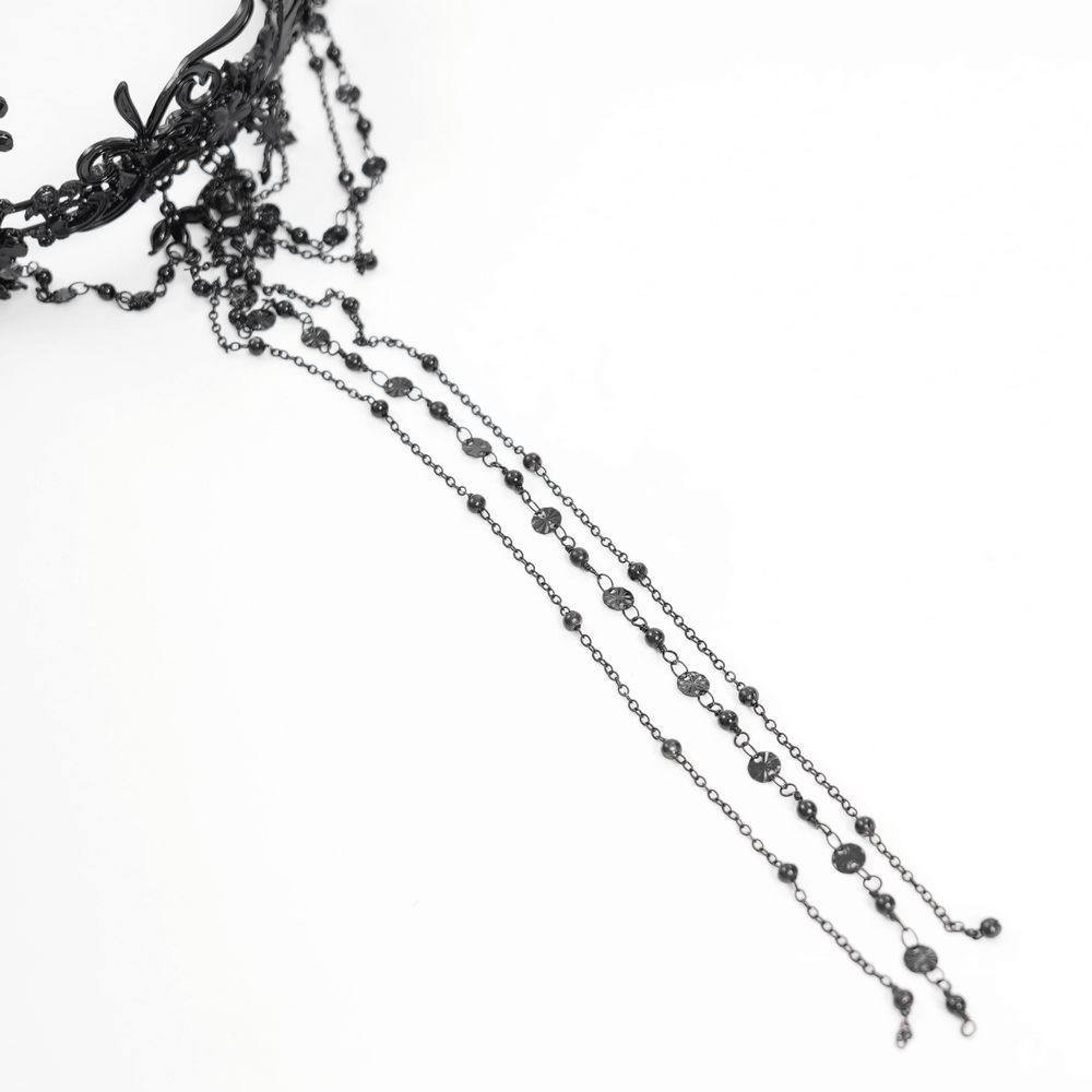 Gothic black lace crown with beaded chains and cross details for a dramatic, mysterious look.