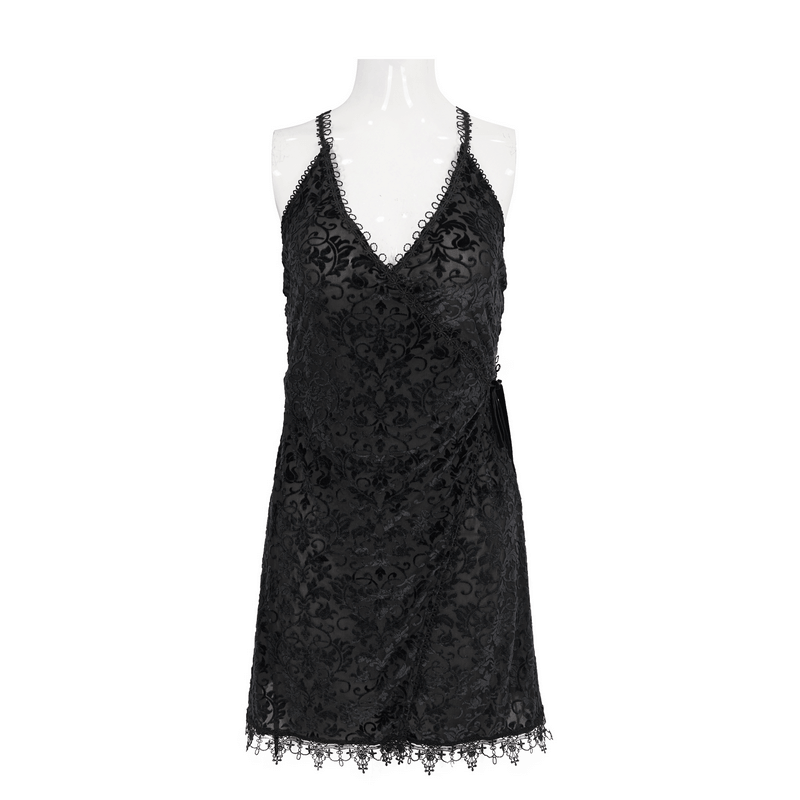 Gothic black lace deep V-neck short dress with sexy straps and elegant lace detailing.