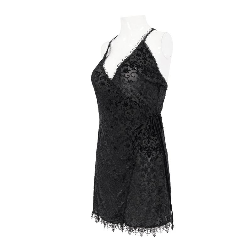 Gothic black lace deep V-neck short dress with sexy straps and elegant design, perfect for a stylish night out.