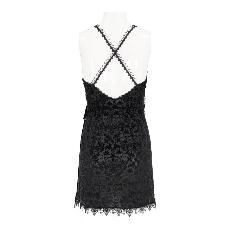 Back view of a Gothic black lace deep V-neck short dress with crisscross straps and delicate lace detailing.