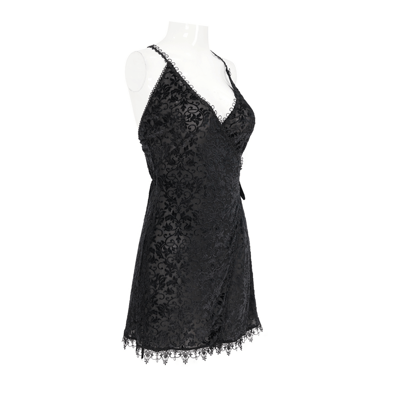Gothic black lace deep V-neck short dress with elegant straps and delicate lace trim.