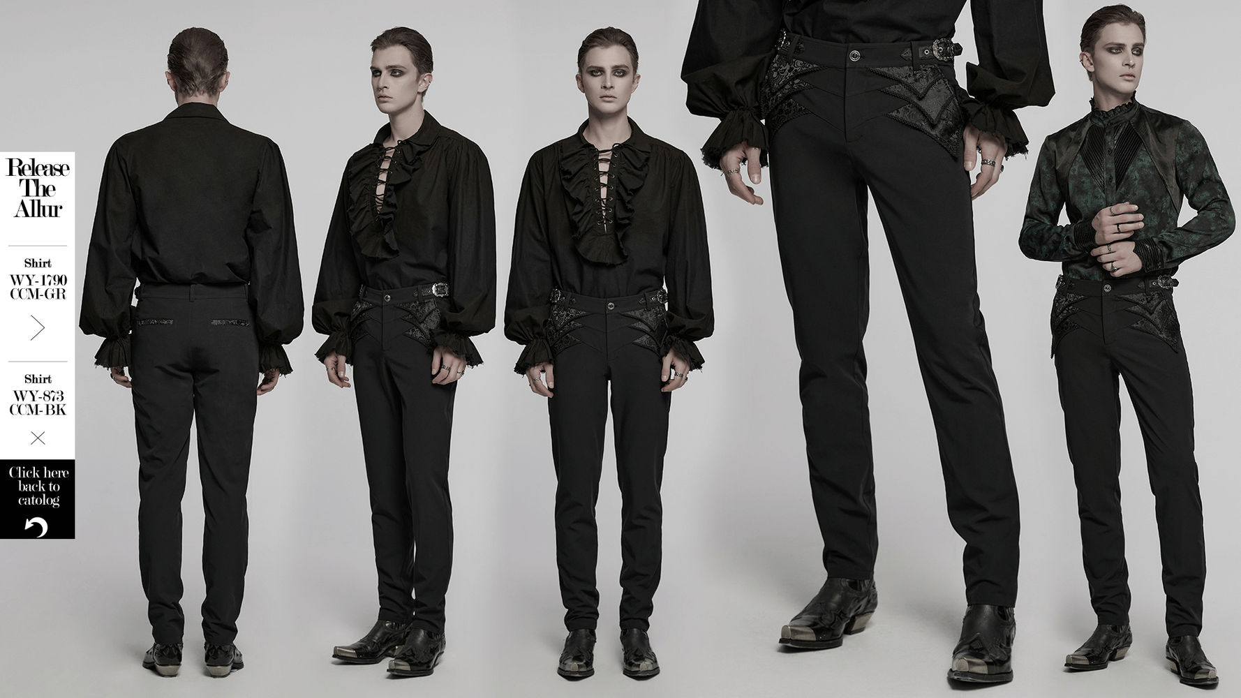 Gothic black trousers with lace detail and adjustable waist, showcasing unique fashion styling and elegant gentleman's look.