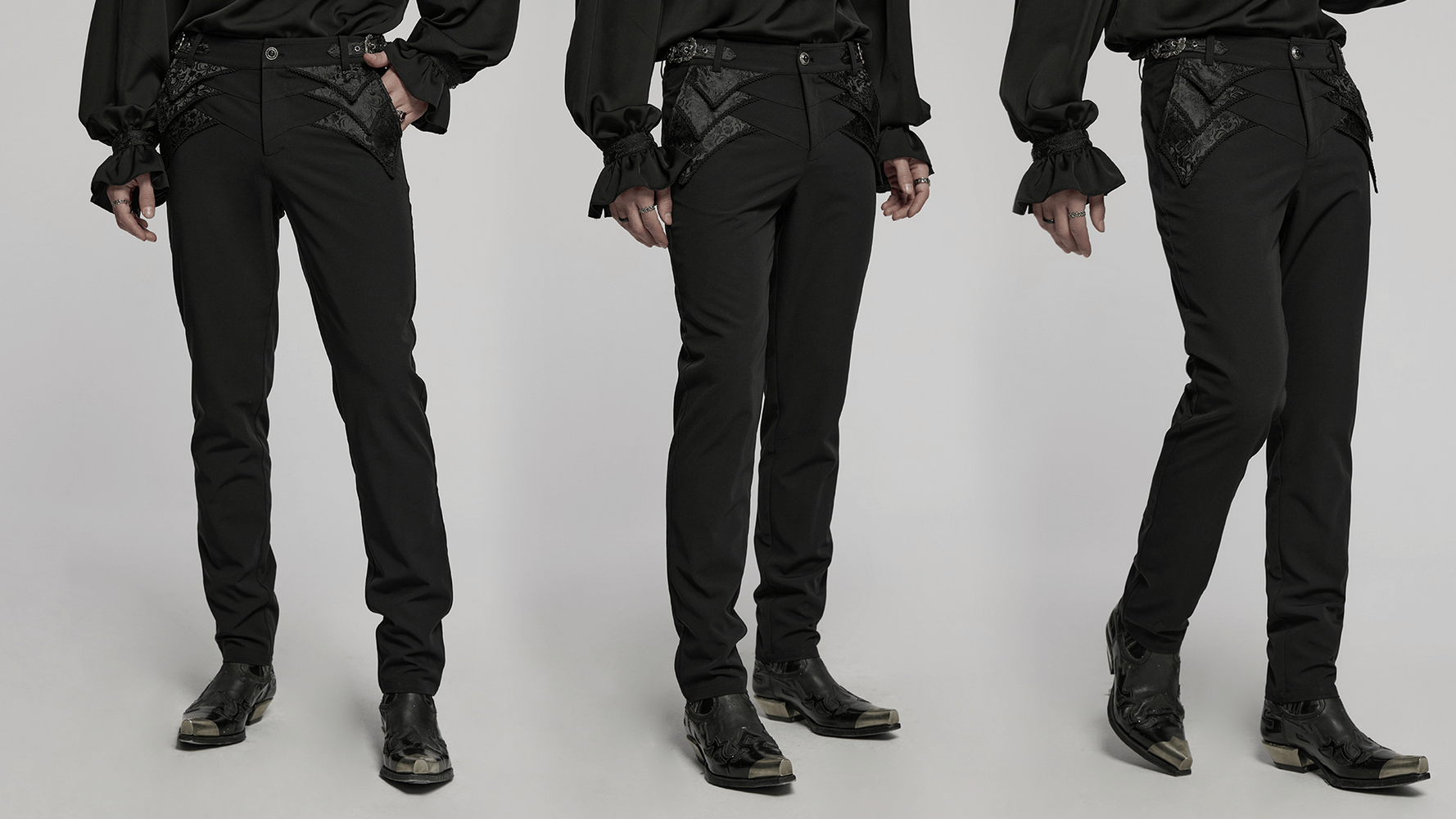 Gothic black trousers with lace detail and adjustable waist for a perfect fit, showcasing elegant gothic design.