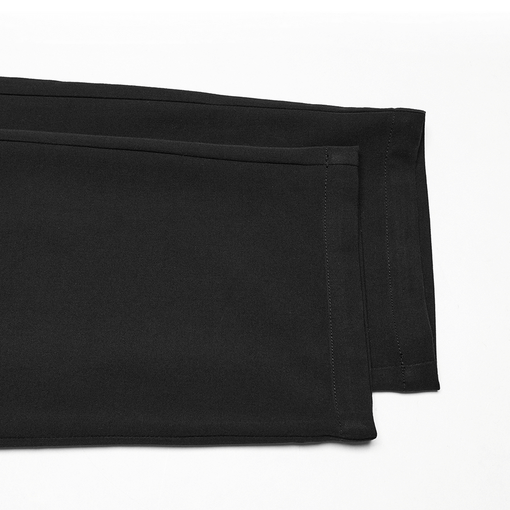 Gothic black trousers featuring lace detail and adjustable waist, perfect for stylish goth gentlemen.