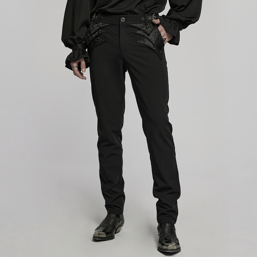 Gothic black trousers with lace detailing and adjustable waist loops, showcasing a stylish and elegant goth design.