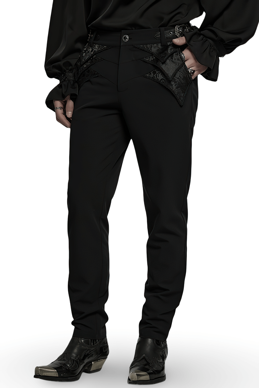 Gothic black trousers with lace detail and adjustable waist, paired with stylish footwear, enhancing a gothic gentleman look.