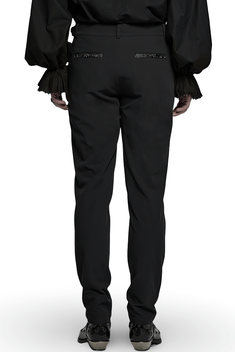 Back view of Gothic black trousers with lace detail and adjustable waist, showcasing stylish flap pockets.