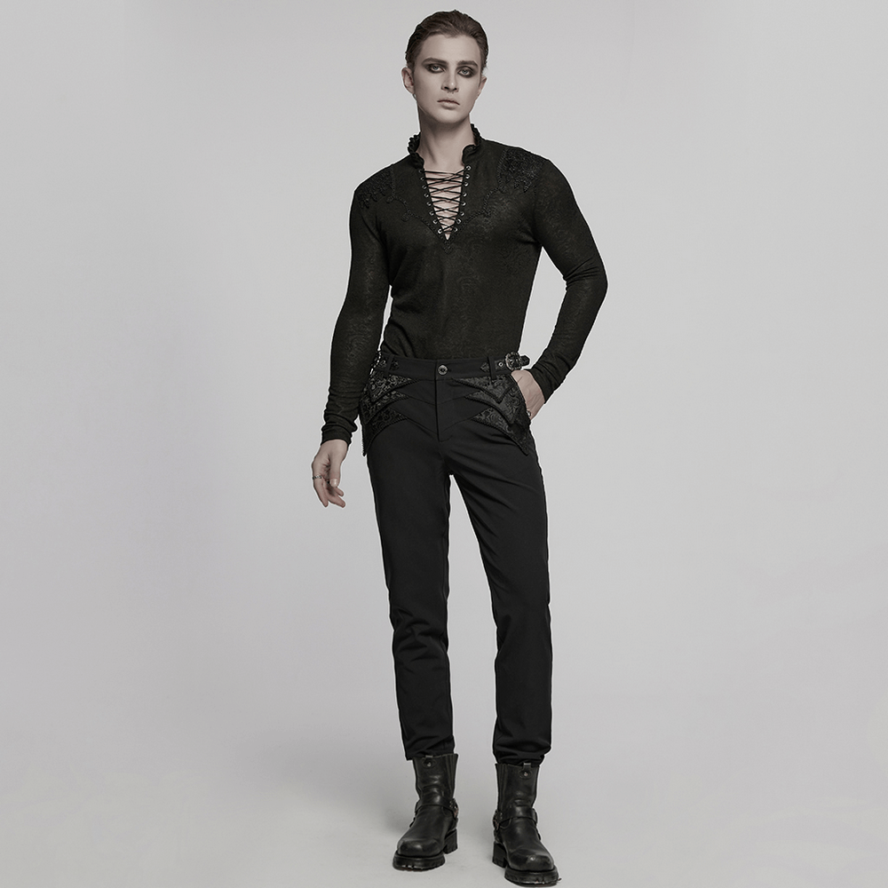 Goth black lace detail trousers with adjustable waist and stylish top, showcasing elegant goth fashion.