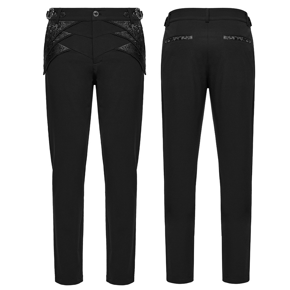 Front and back view of gothic black trousers with lace detail and adjustable waist for a stylish, elegant fit.