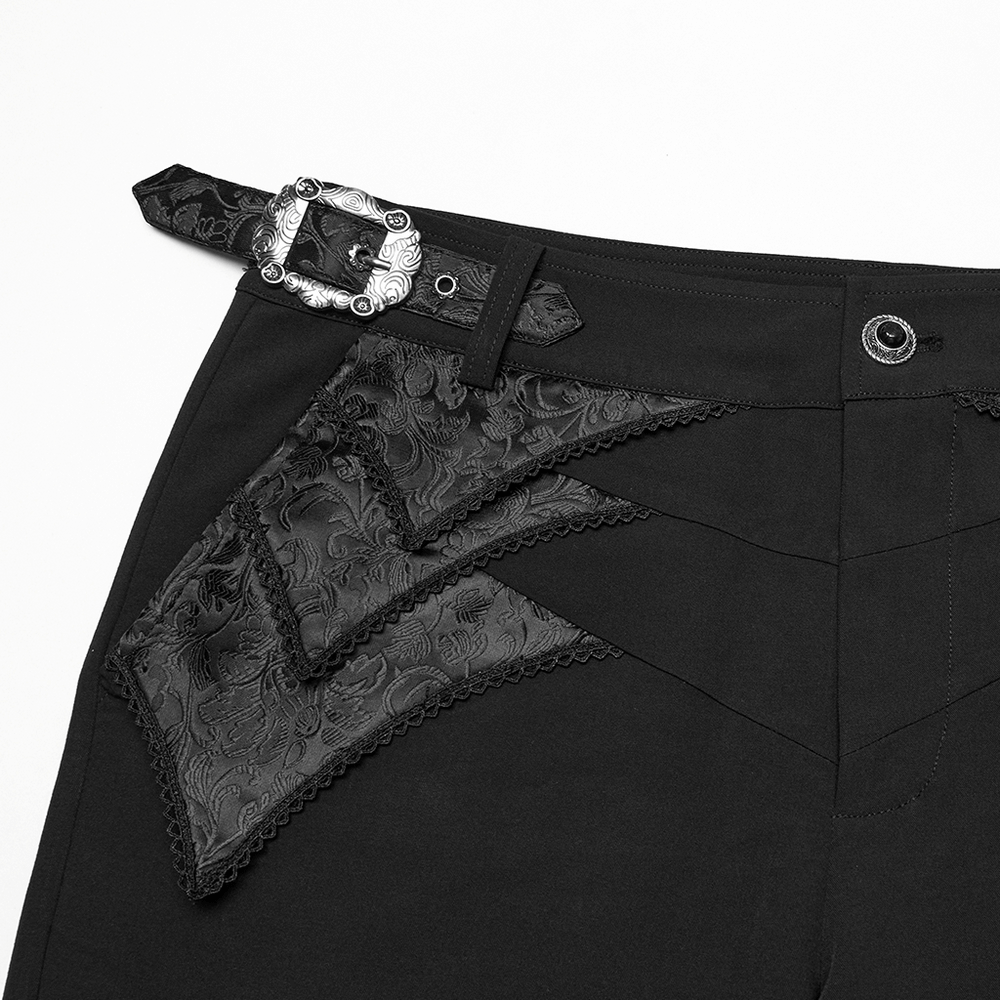 Elegant gothic trousers with jacquard lace detail, adjustable waist buckle, and unique flap pocket design.