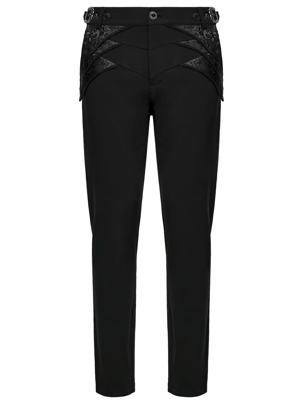 Gothic black trousers with lace detail and adjustable waist, featuring unique flap pockets for a stylish look.