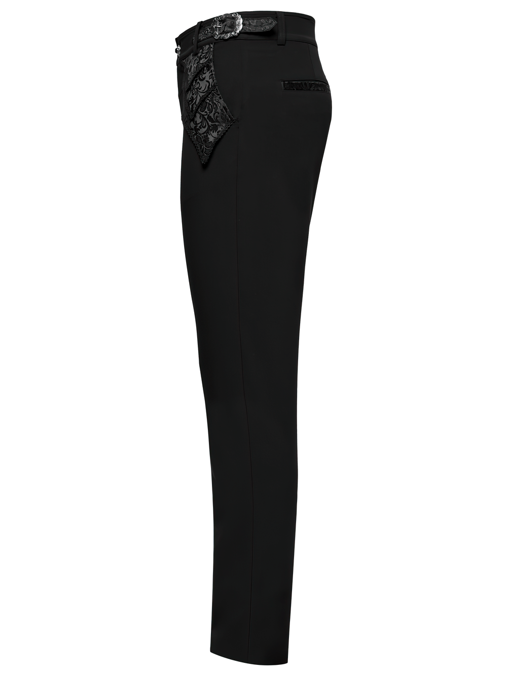 Gothic black trousers with lace detail and adjustable waist, showcasing elegant design and flap pockets.