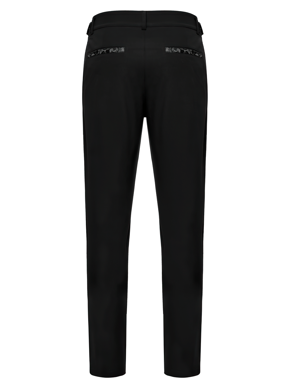 Gothic black trousers with lace detail and adjustable waist, showcasing unique back pocket design.