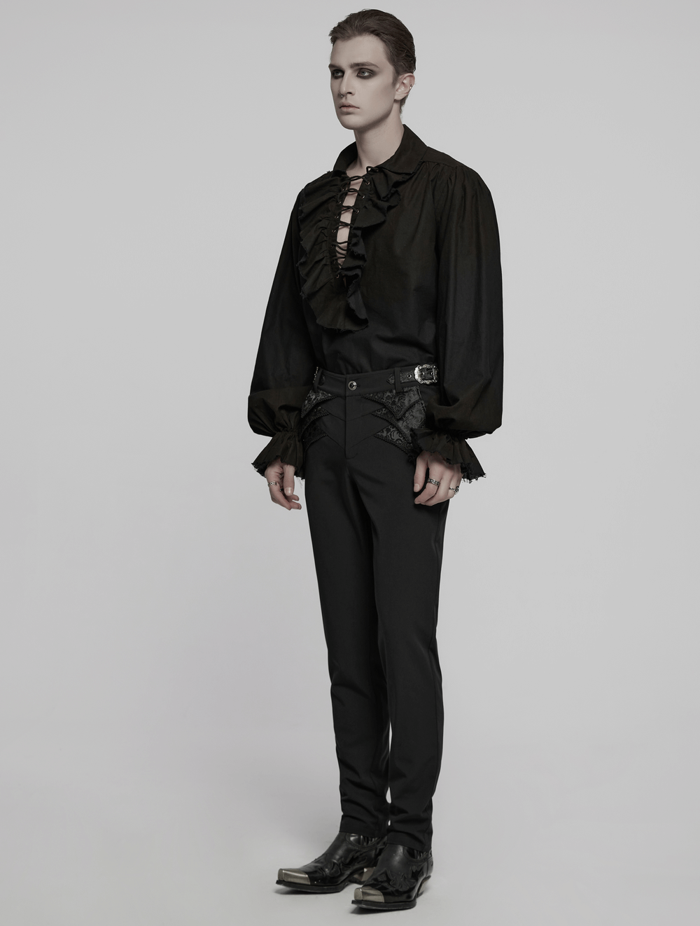 Gothic black lace detail trousers with elegant ruffled shirt for a stylish gothic gentleman look.