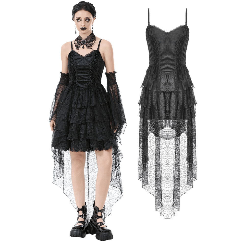 Gothic black lace dress with corset bodice, spaghetti straps, and layered tiers, featuring a dramatic high-low hem.