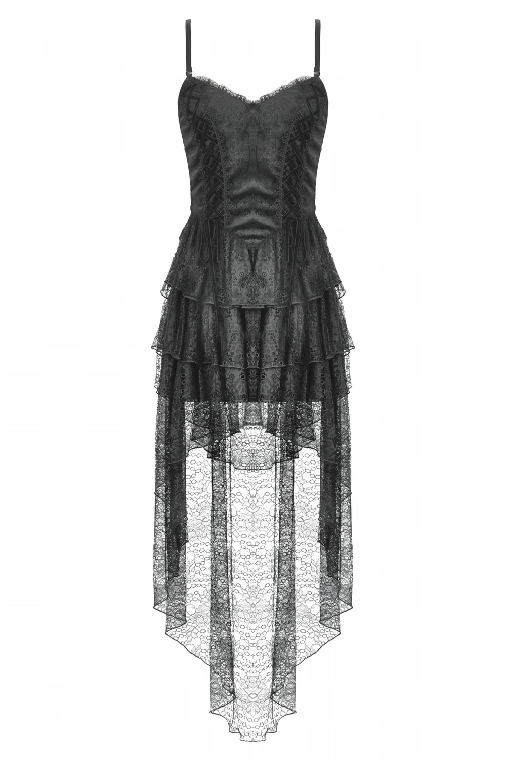 Gothic black lace dress with corset bodice, spaghetti straps, and layered tiers for a dramatic high-low look.