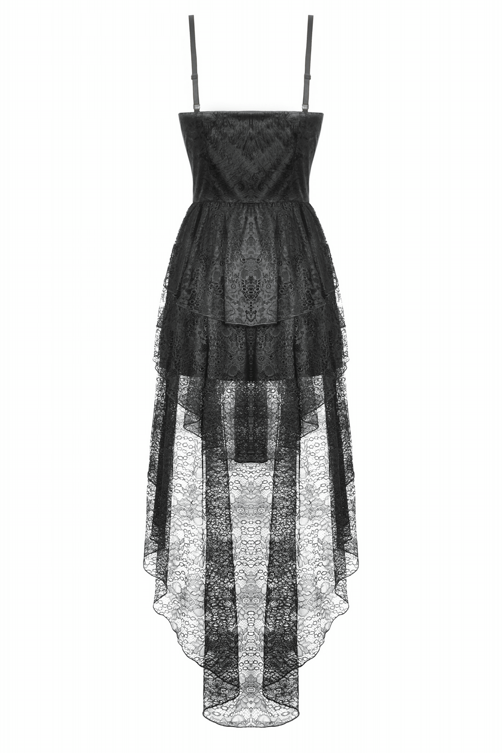 Gothic black lace dress featuring a corset bodice, spaghetti straps, and layered high-low hem.