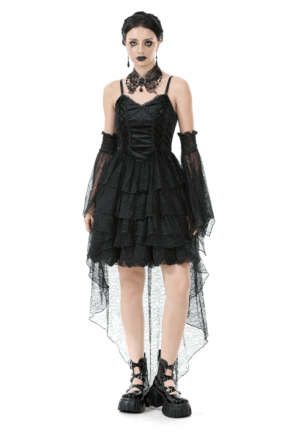 Gothic black lace dress with corset bodice, layered tiers, and spaghetti straps, perfect for dark romantic aesthetics.