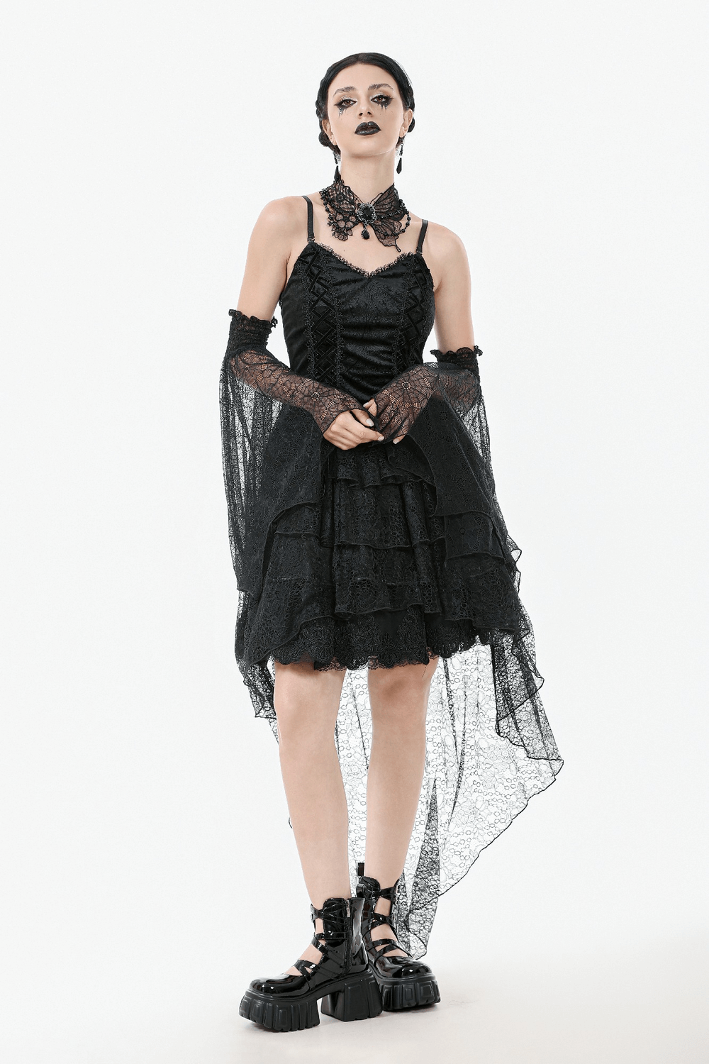 Gothic black lace dress with corset bodice and flowing tiers, perfect for dark romantic fashion lovers.