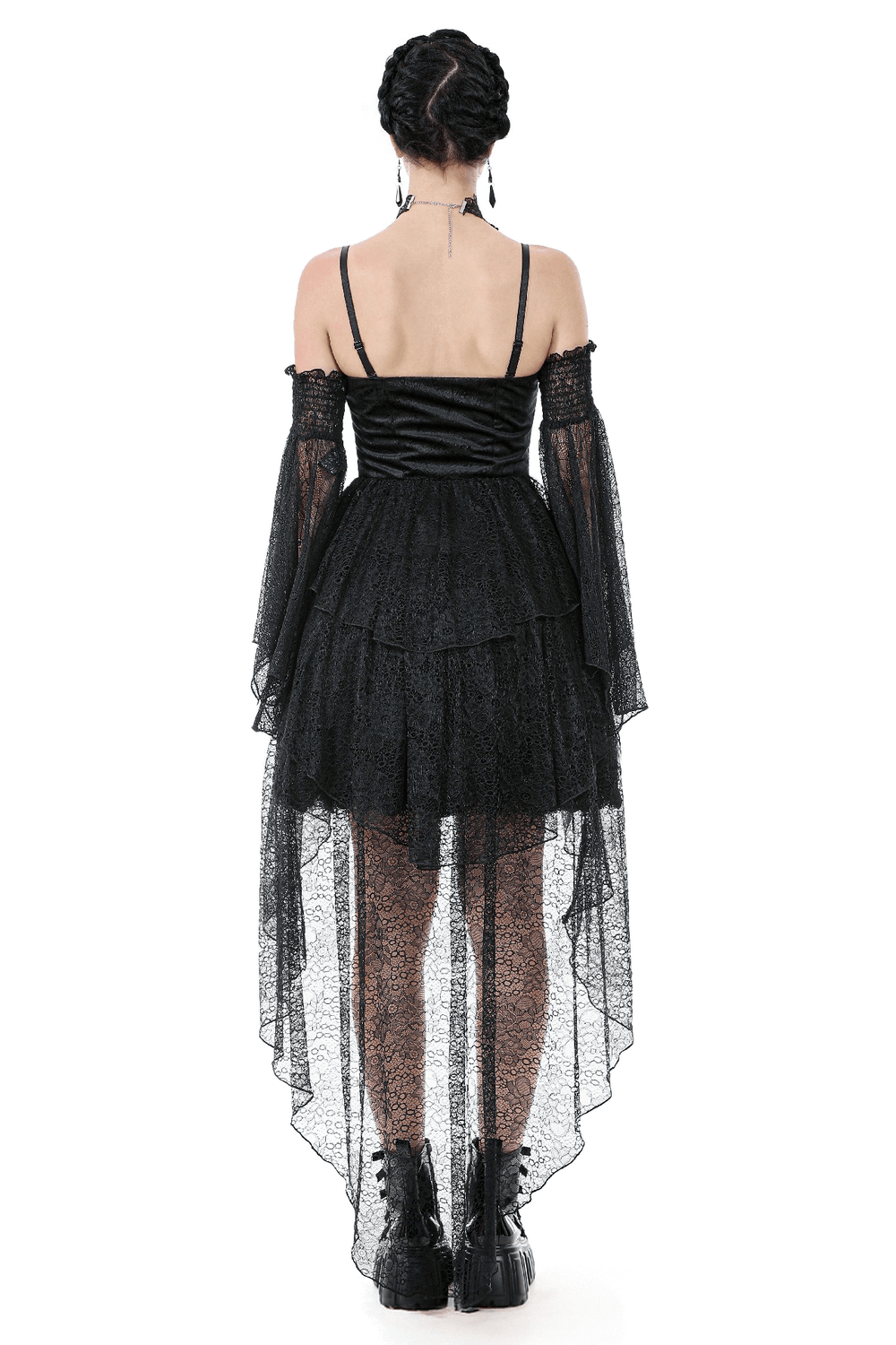 Back view of a Gothic black lace dress with corset bodice, layered tiers, and adjustable spaghetti straps.