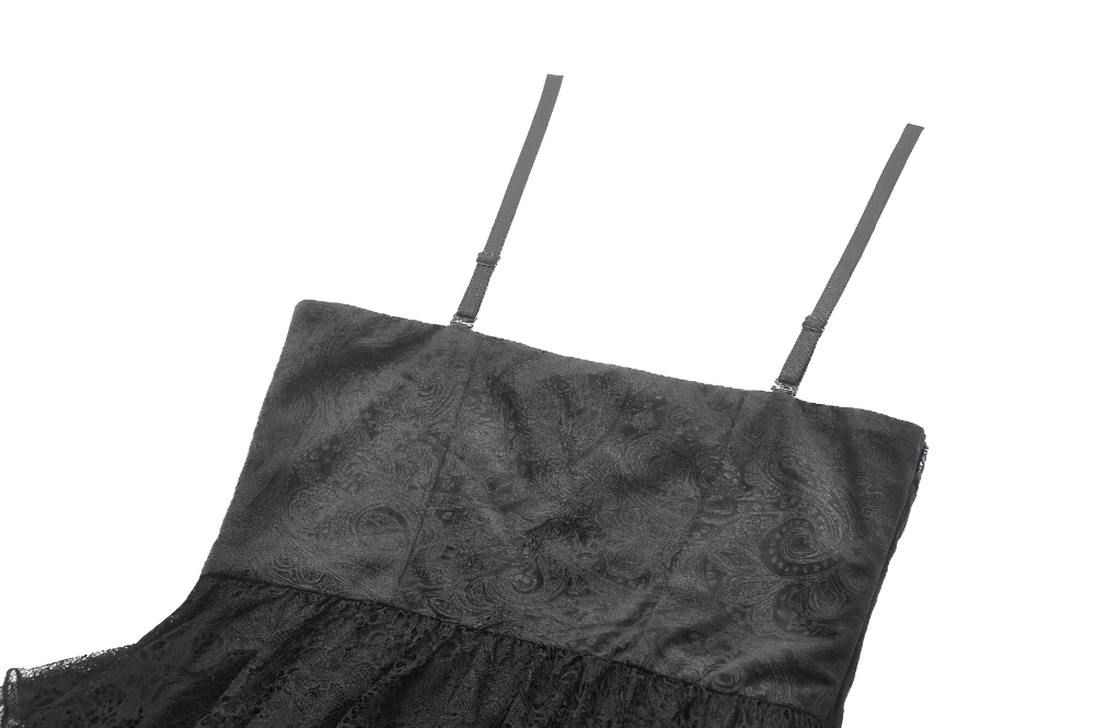 Gothic black lace dress top featuring corset bodice and adjustable spaghetti straps, perfect for dark romantic aesthetics.