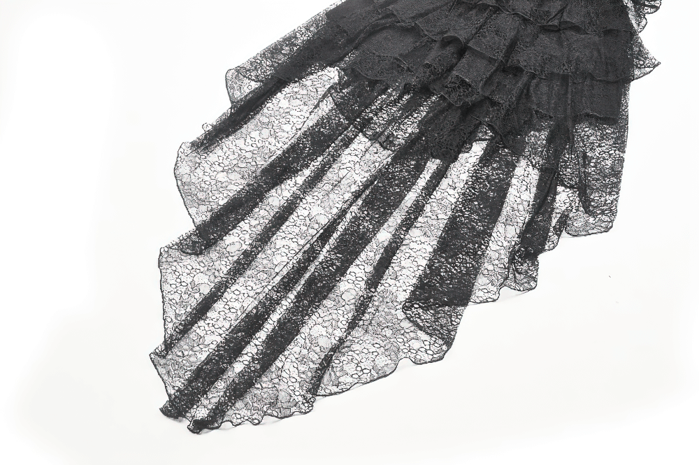 Gothic black lace dress with layered tiers, showcasing delicate lace pattern and dramatic high-low hemline.
