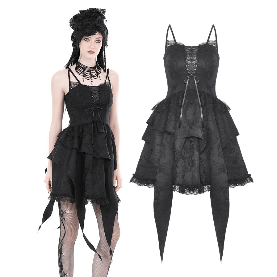 Gothic black lace dress with straps and layered skirt, perfect for evening elegance and edgy style.