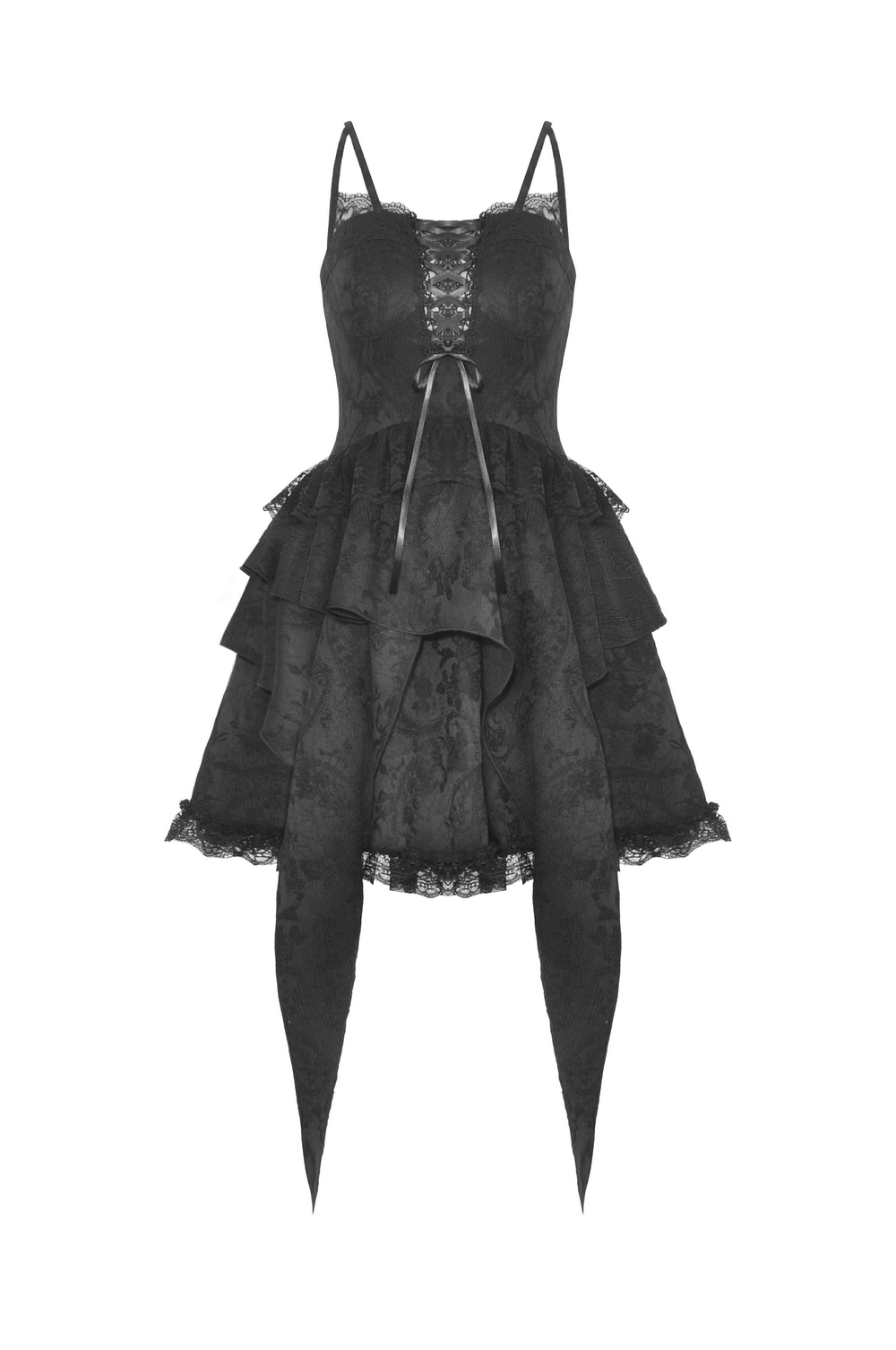 Gothic Black Lace Dress with Straps and Layered Skirt
