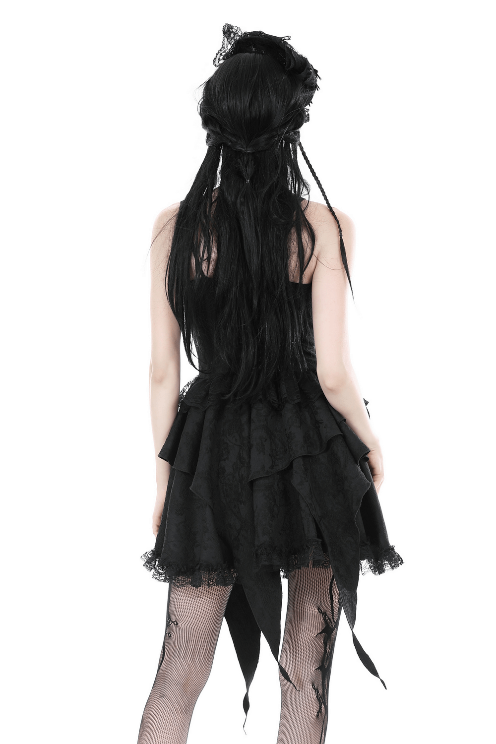 Back view of a gothic black lace dress with layered skirt, perfect for evening elegance and dramatic flair.