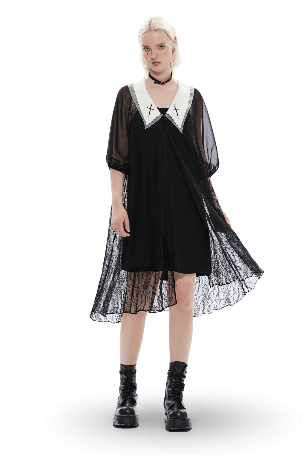 Gothic Black Lace Dress with White Peter Pan Collar
