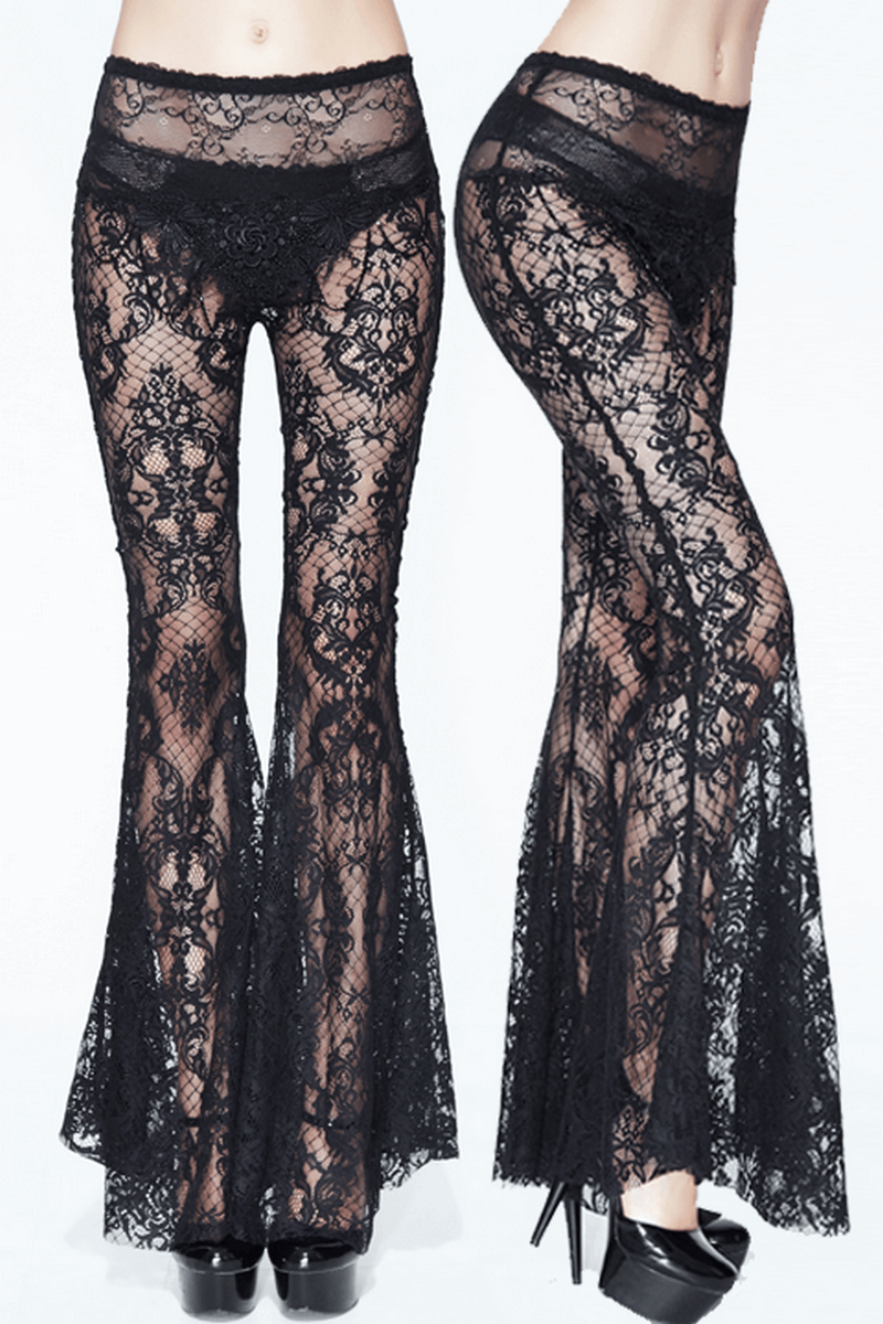 Gothic black lace flare pants showing transparent fabric, highlighting flared cut and feminine silhouette.