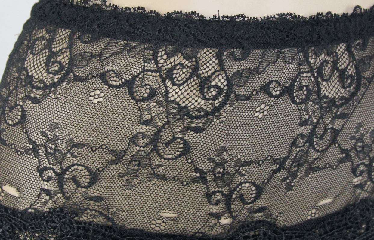 Close-up of elegant black lace fabric featuring intricate patterns, ideal for gothic style women's flared pants.